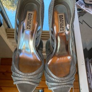 Brand New Badgley Mischka 2” silver satin heels